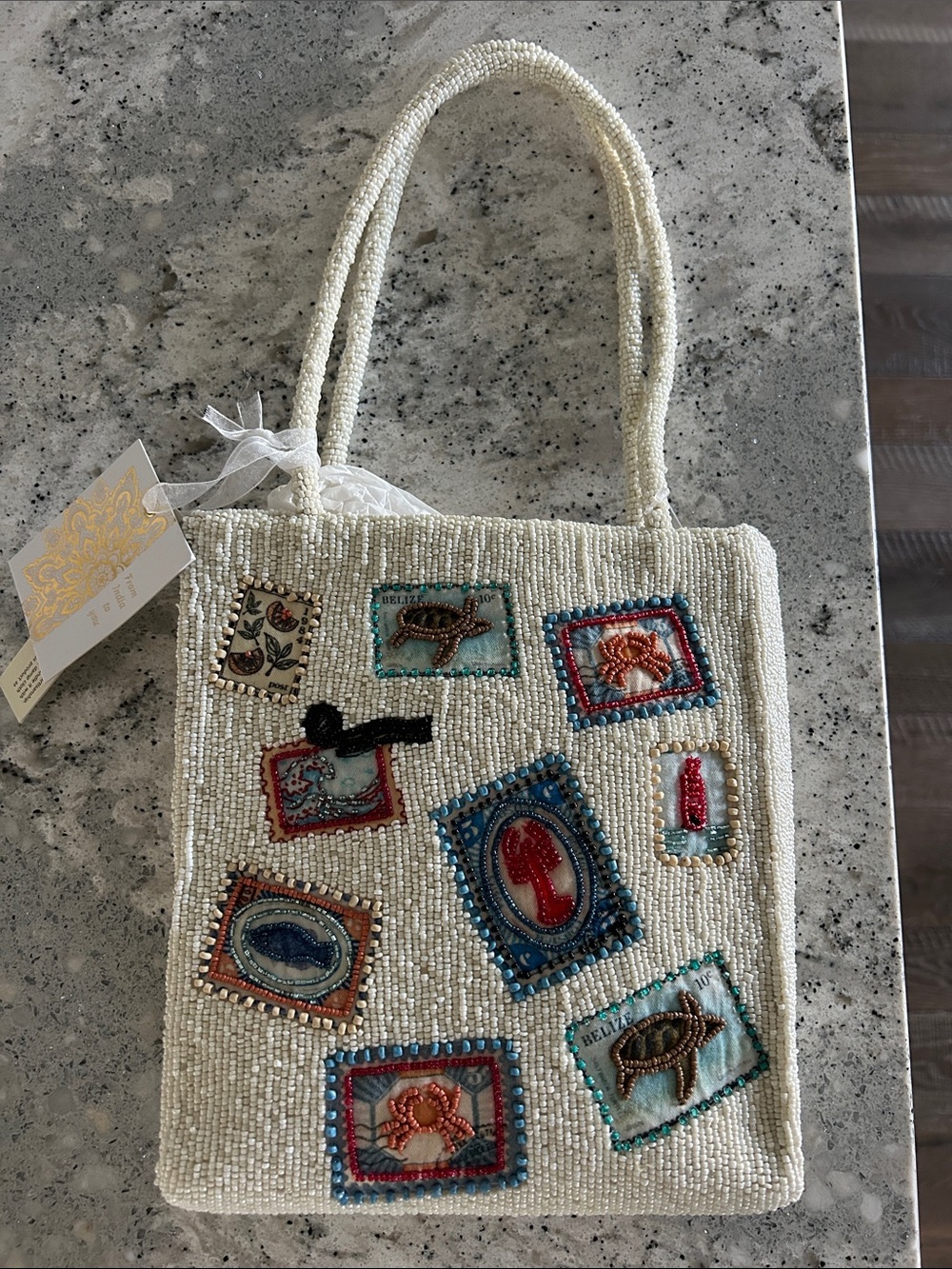Ivory Beaded Tote with Colorful Embroidered Patch Motifs